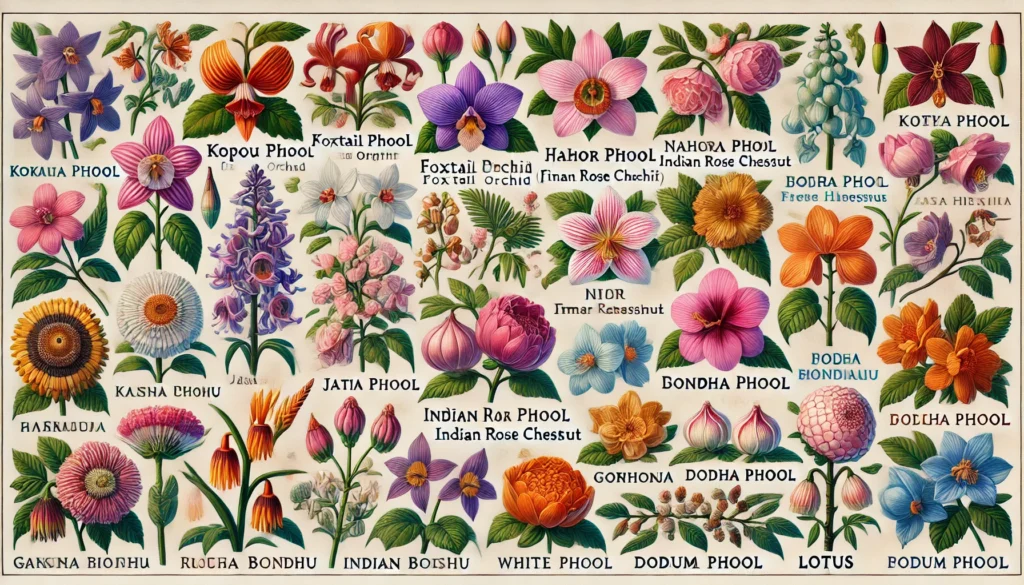 List of Lovely Flowers Name in Assamese and English Language 1 DALL·E 2024 10 20 10.40.18 A detailed colorful table showcasing different flowers from Assam India with their names in Assamese and English. Include flowers like Kopou Phool